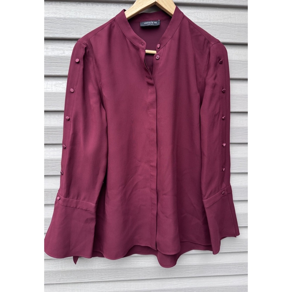 Lafayette 148 Silk Shirt Women Large Burgundy Tunic Bell Sleeve Quiet Luxury